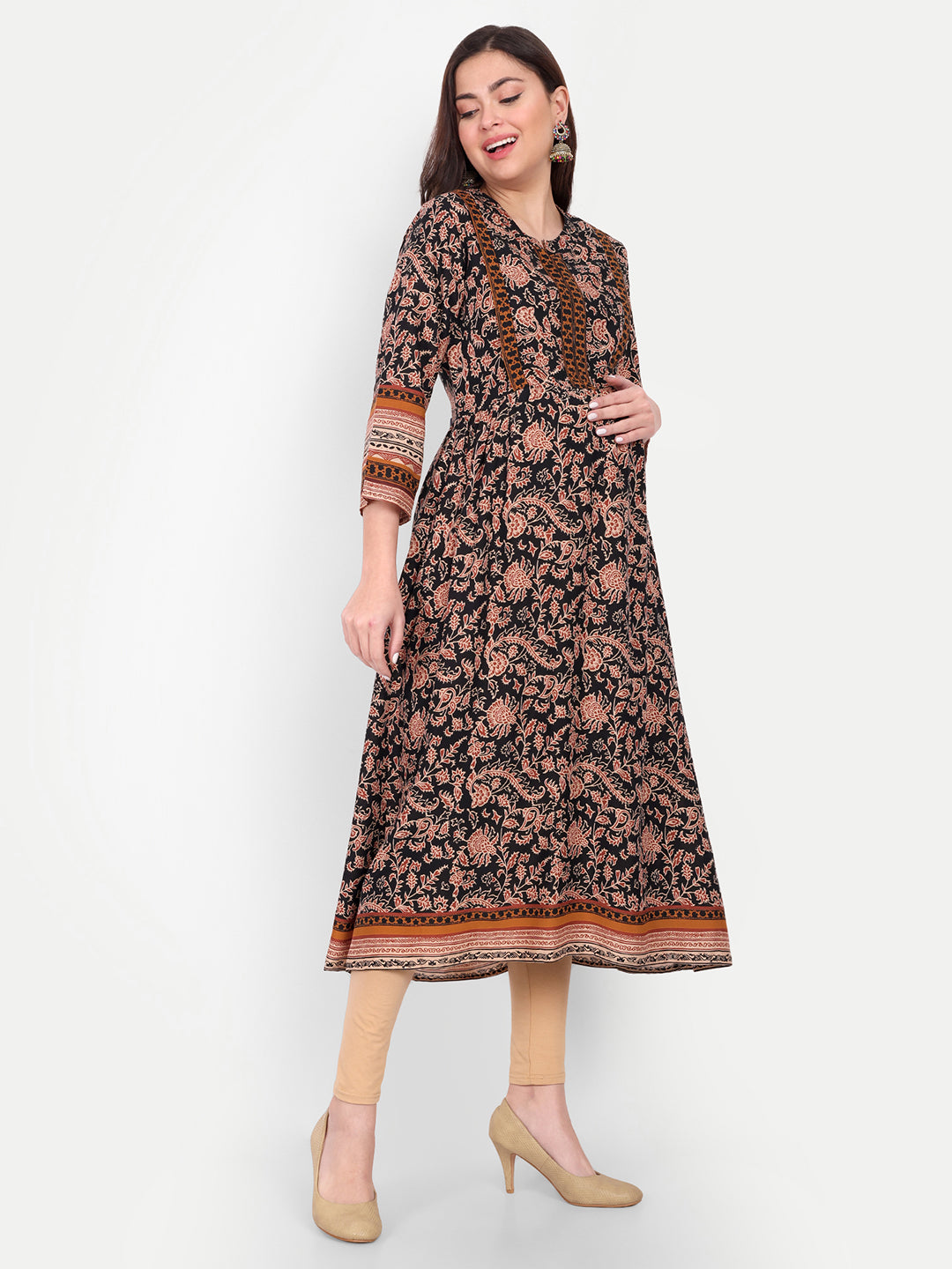Band Collar Pleated Floral Printed Maternity Anarkali Kurta