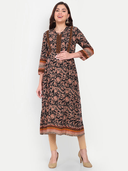 Band Collar Pleated Floral Printed Maternity Anarkali Kurta