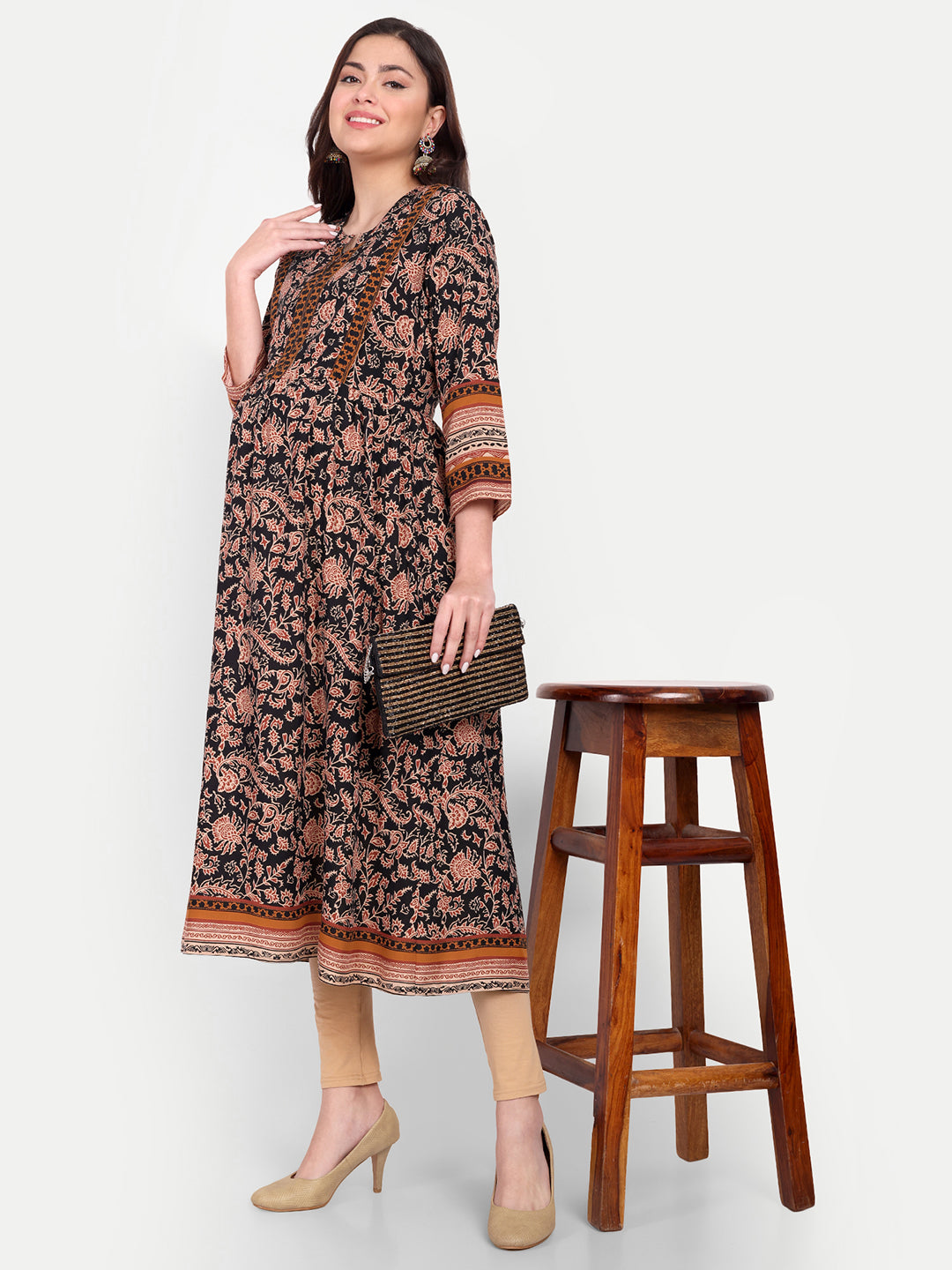 Band Collar Pleated Floral Printed Maternity Anarkali Kurta