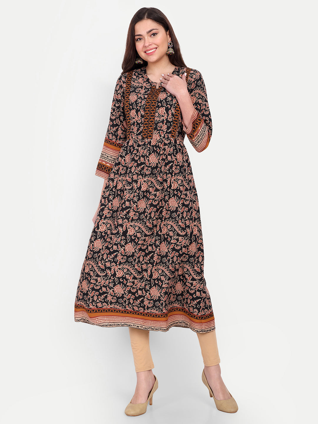 Band Collar Pleated Floral Printed Maternity Anarkali Kurta