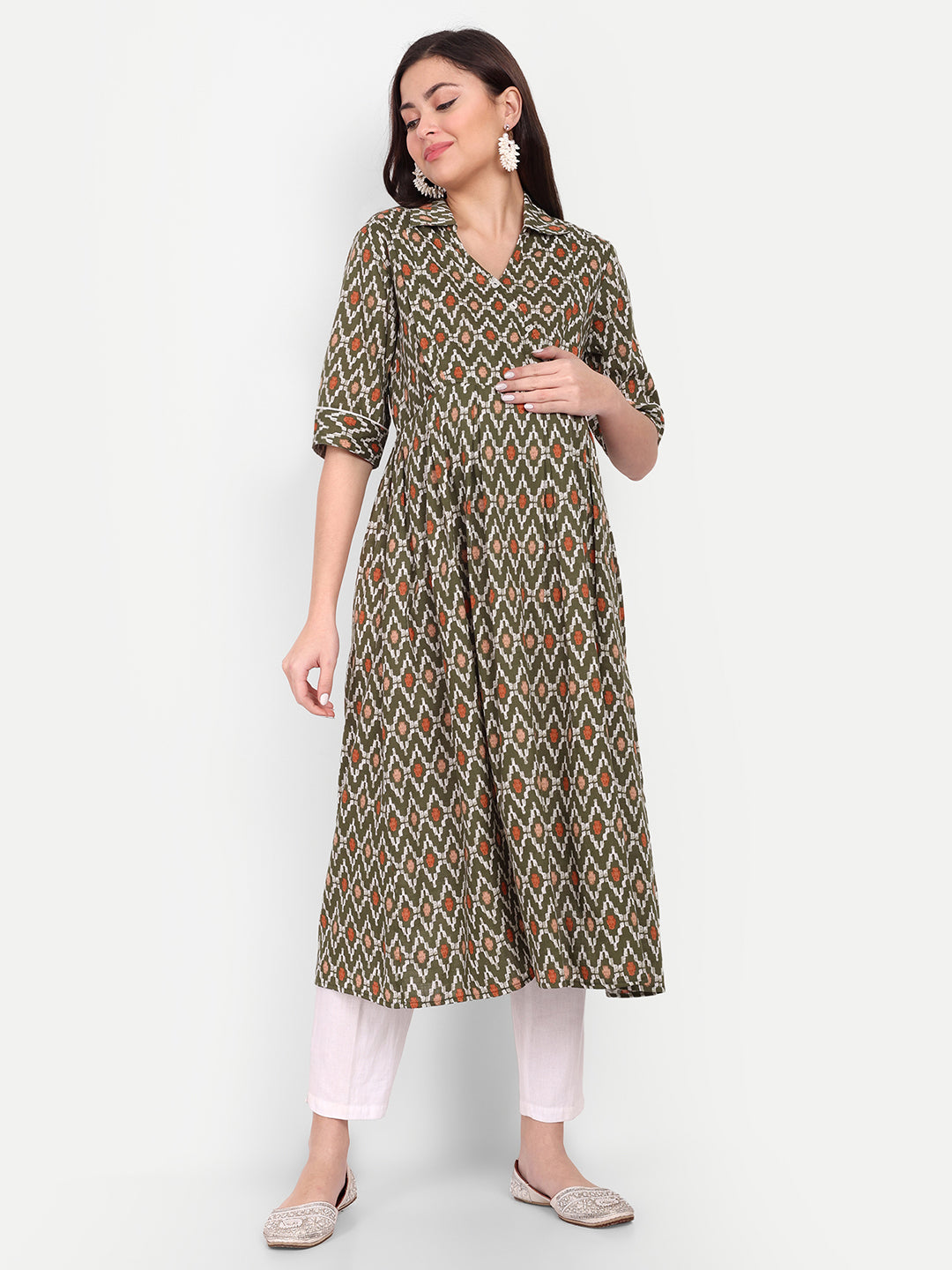 Ethnic Motifs Printed Shirt Collar Pure Cotton Maternity Kurta