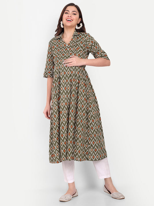 Ethnic Motifs Printed Shirt Collar Pure Cotton Maternity Kurta