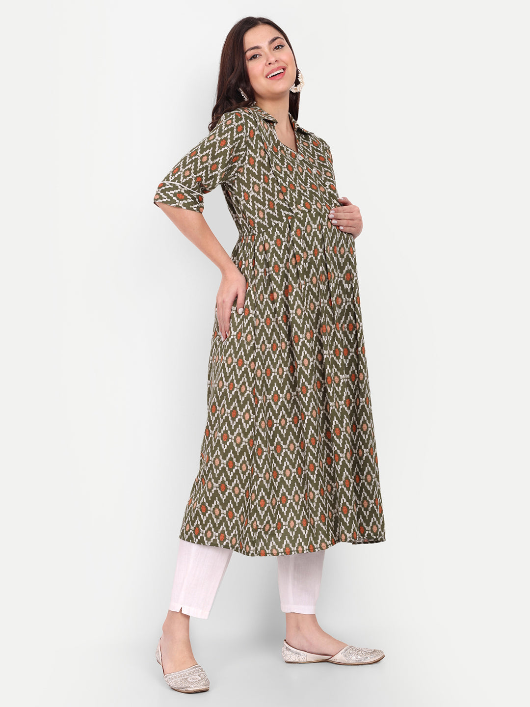 Ethnic Motifs Printed Shirt Collar Pure Cotton Maternity Kurta