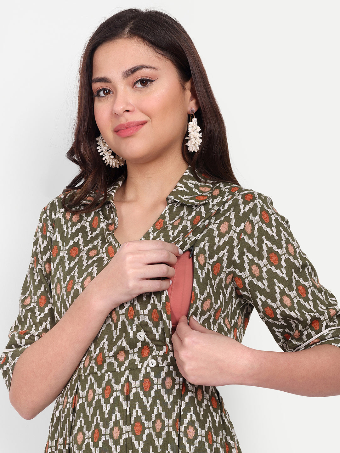 Ethnic Motifs Printed Shirt Collar Pure Cotton Maternity Kurta