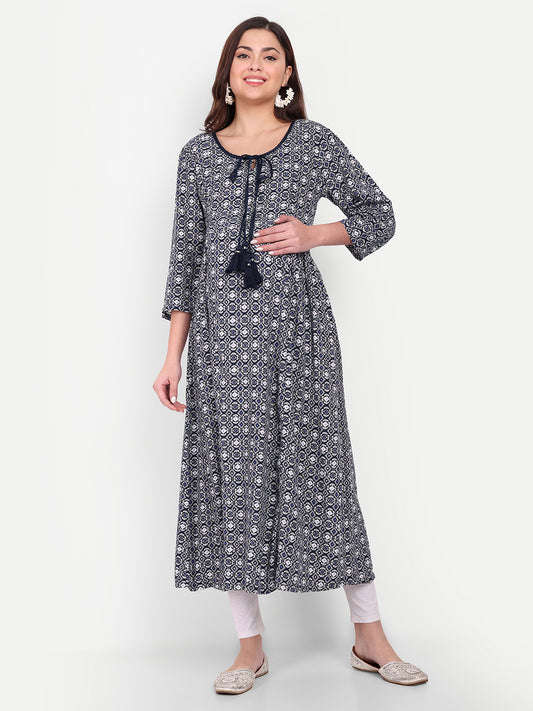Ethnic Motifs Printed Tie-Up Neck Maternity Anarkali Kurta