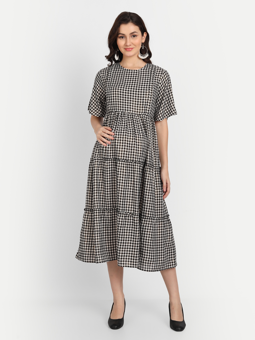 Black Checked A-Line Maternity Midi Dress