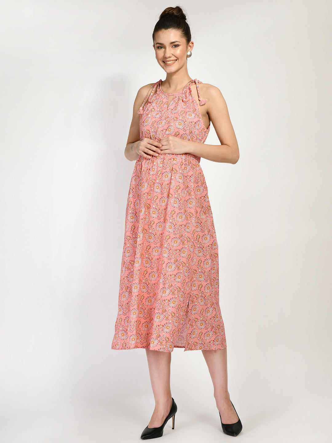 Women Pink Floral A-Line Maternity Midi Dress
