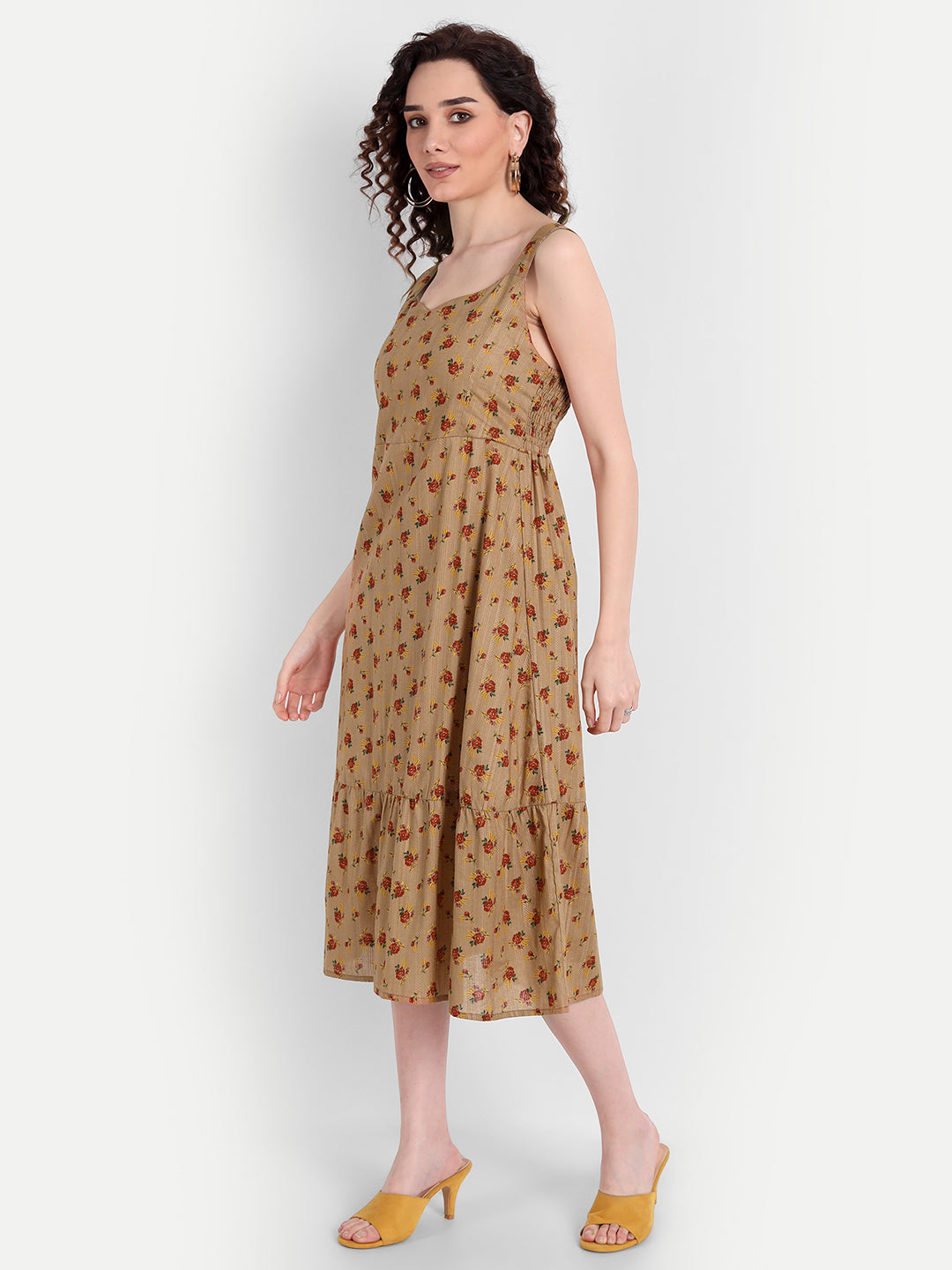 Brown Floral A-Line Midi Dress