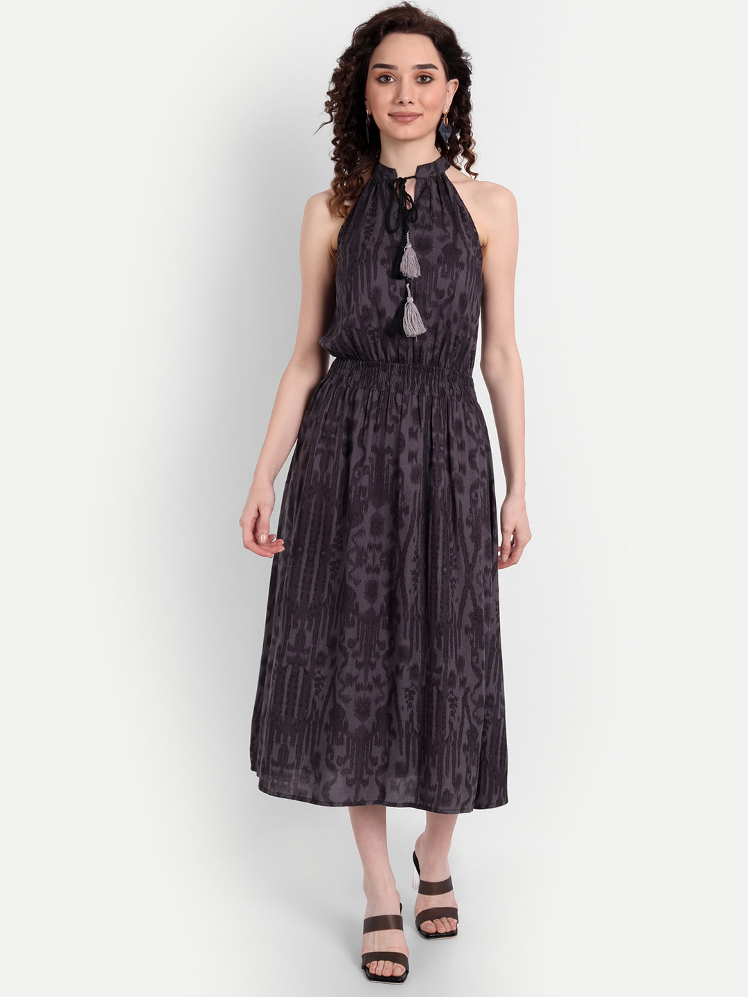 Grey Floral Tie-Up Neck Midi Dress