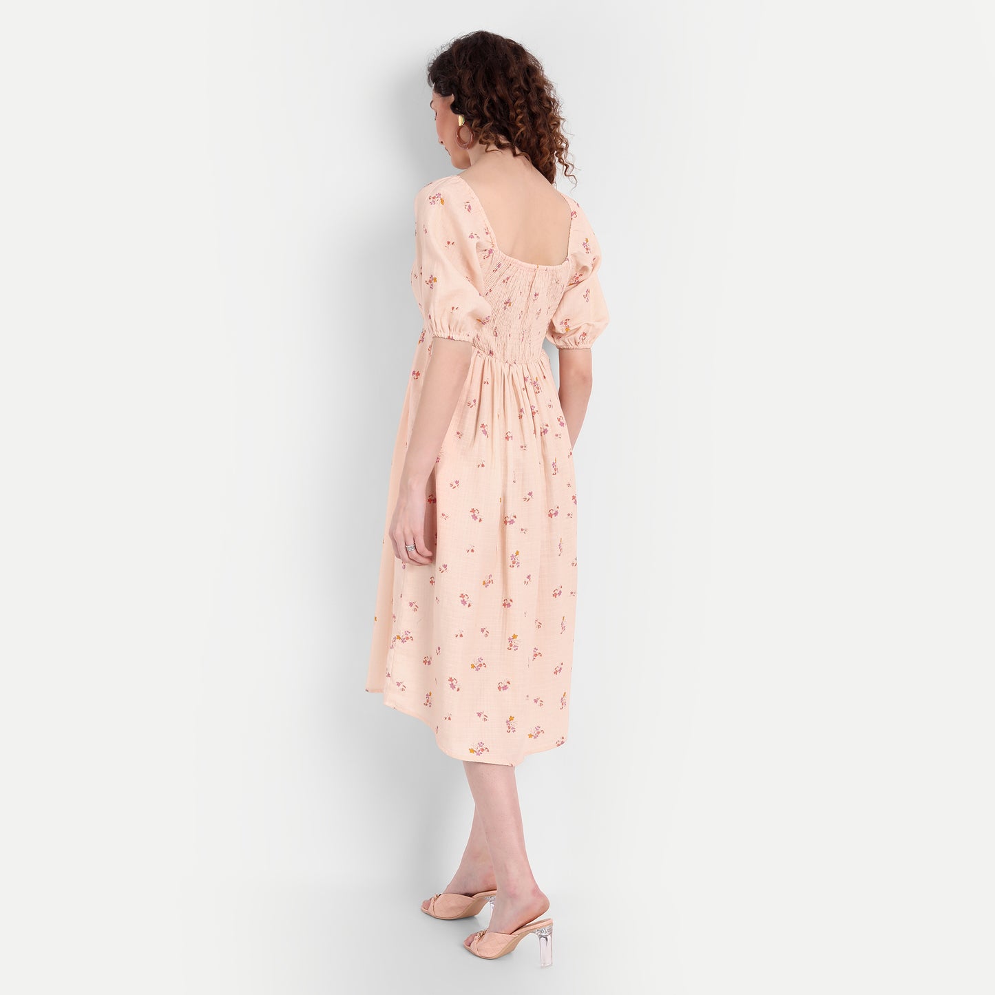 Peach-Coloured Floral Midi Dress
