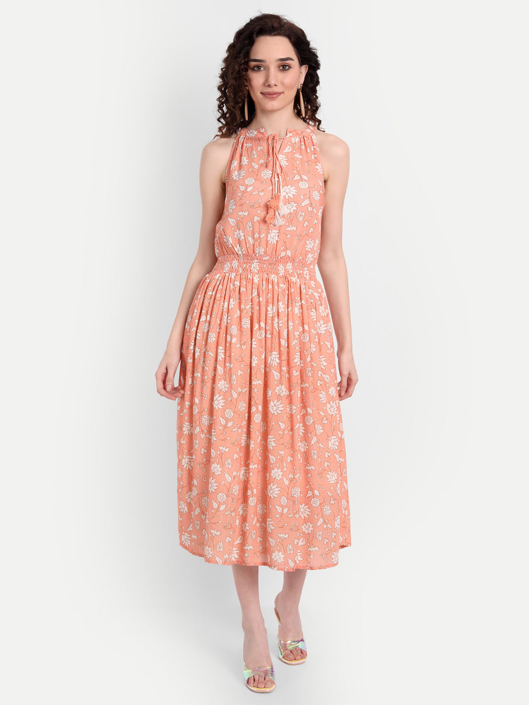 Peach-Coloured Floral Midi Dress