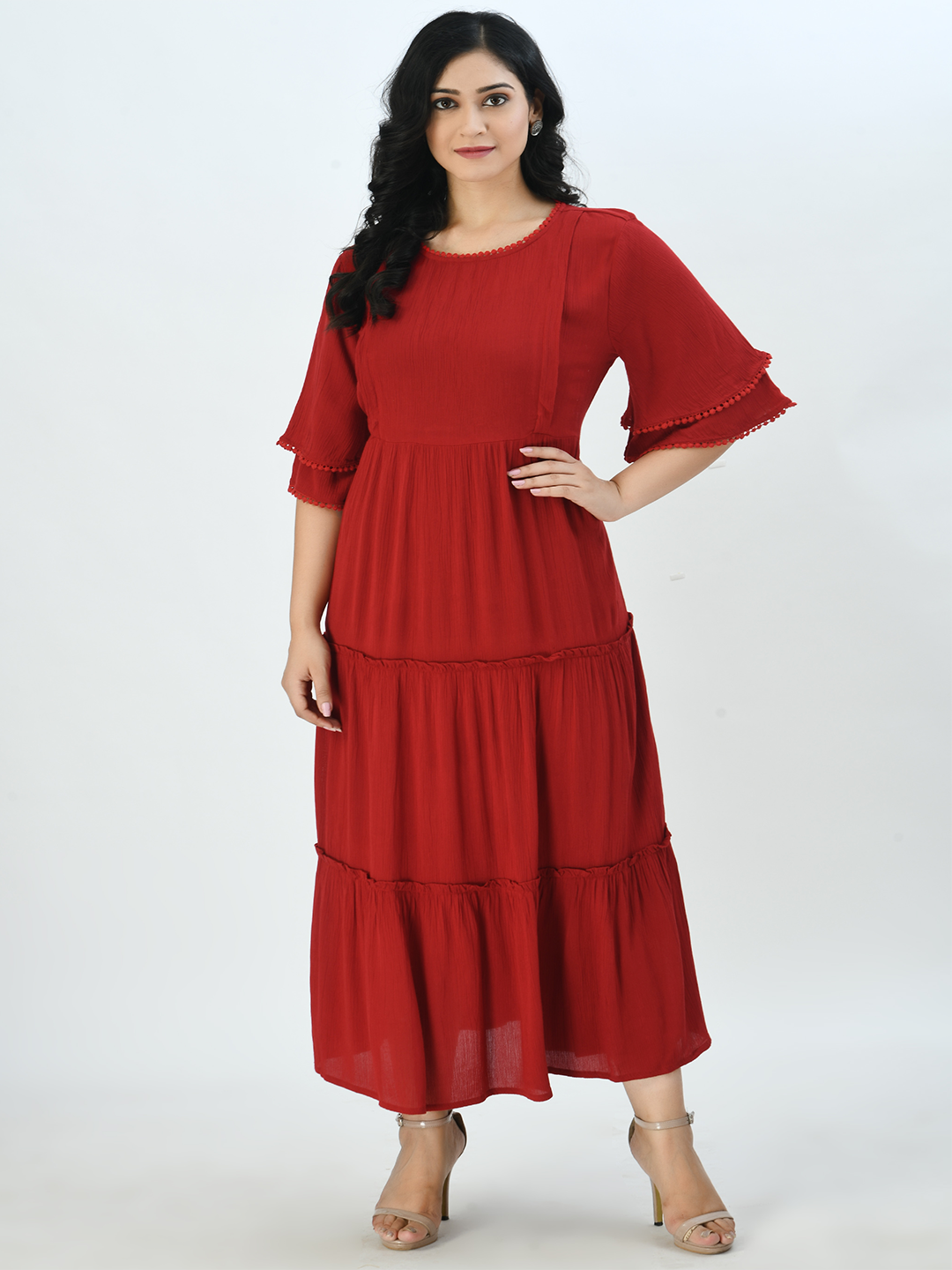 Aaruvi Ruchi Verma Women Red Maternity Tiered Maxi Dress