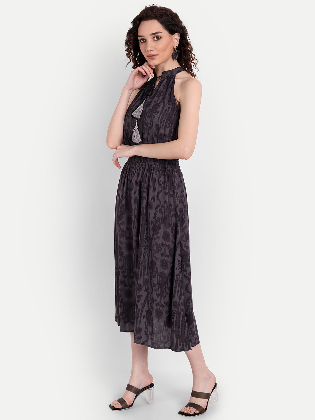 Grey Floral Tie-Up Neck Midi Dress