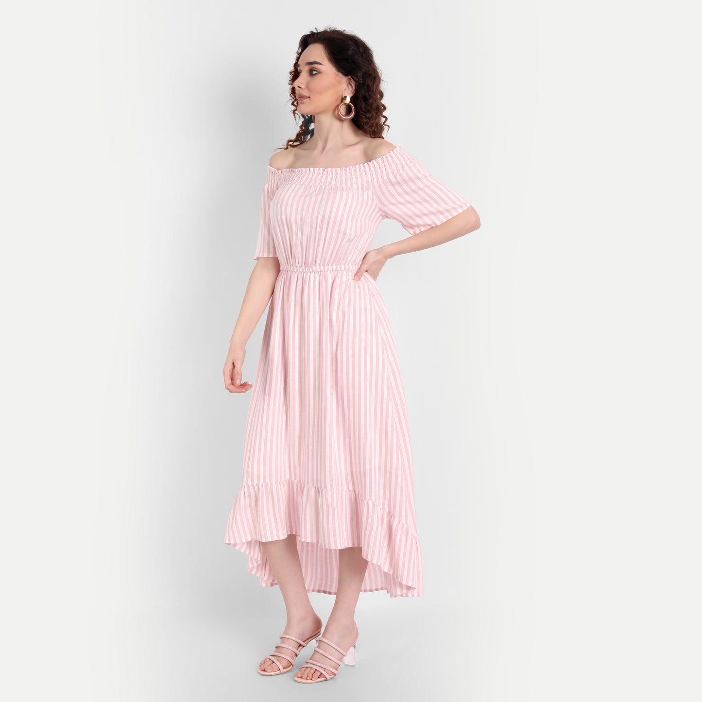 Pink Off-Shoulder Midi Dress