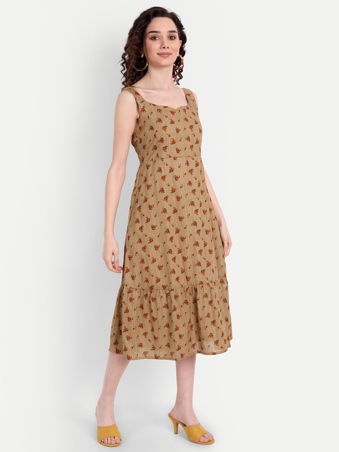 Brown Floral A-Line Midi Dress