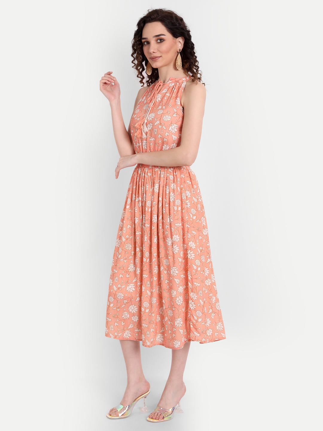 Peach-Coloured Floral Midi Dress