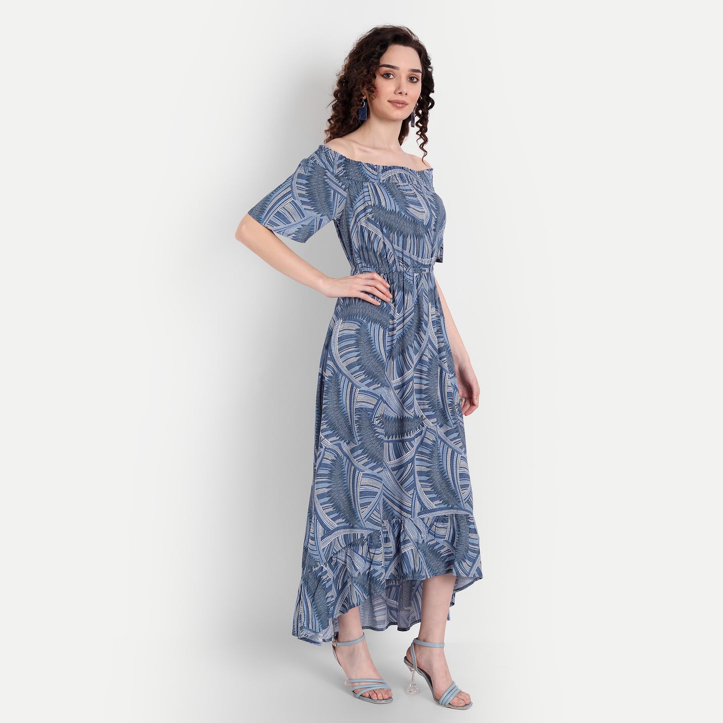 Blue Ethnic Motifs Off-Shoulder Maxi Dress