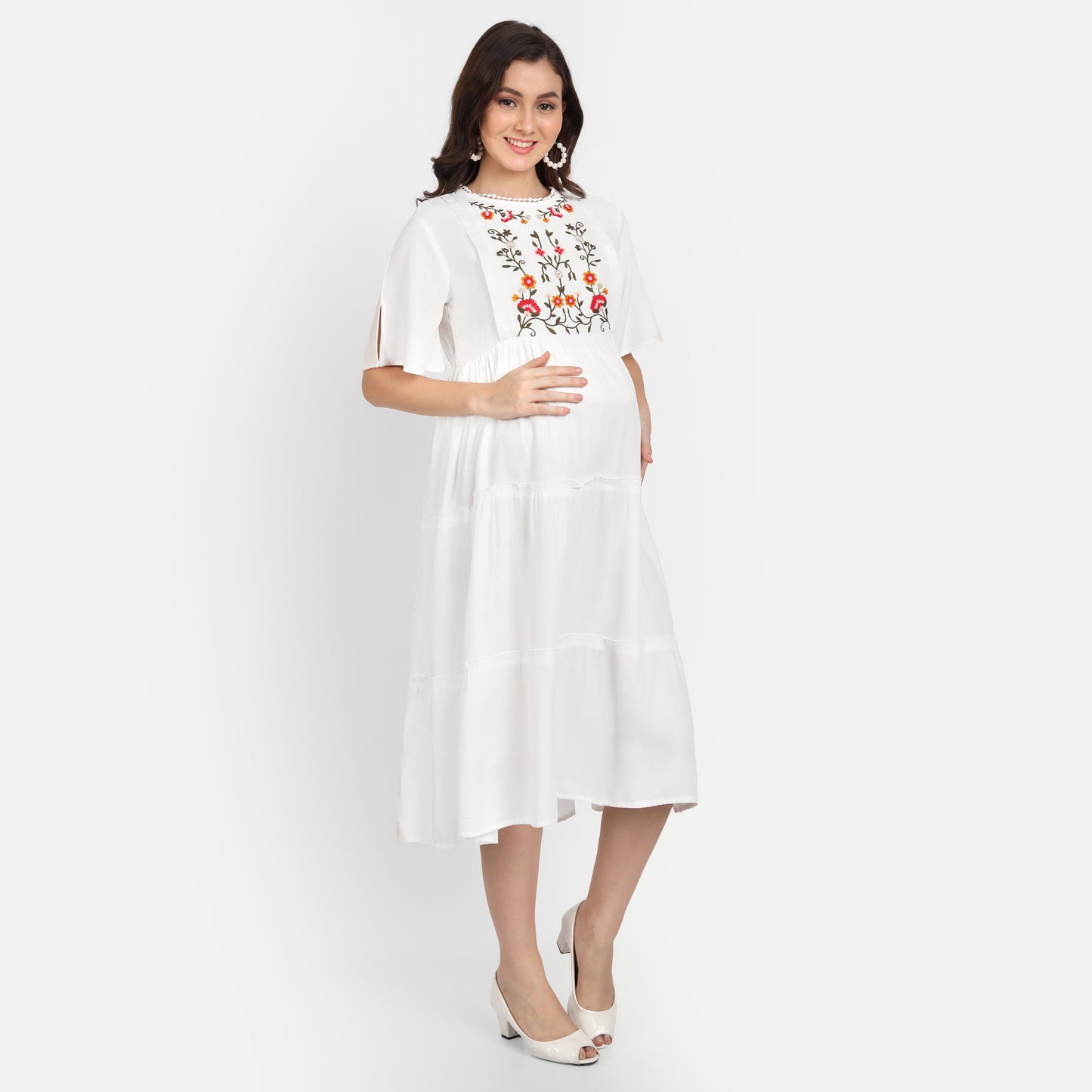 White Floral Maternity Midi Dress