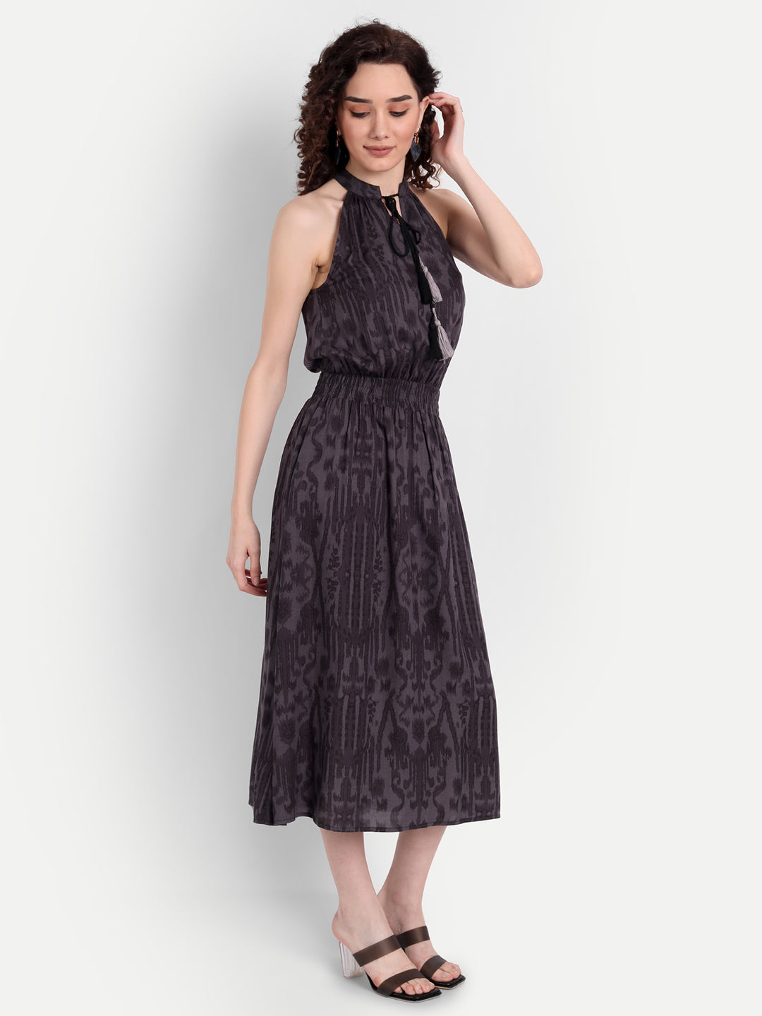 Grey Floral Tie-Up Neck Midi Dress