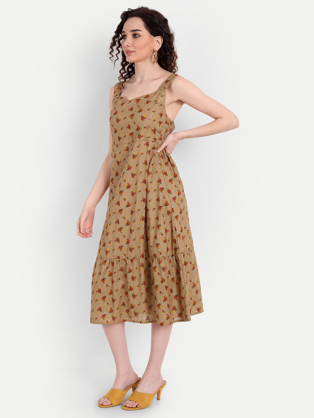 Brown Floral A-Line Midi Dress