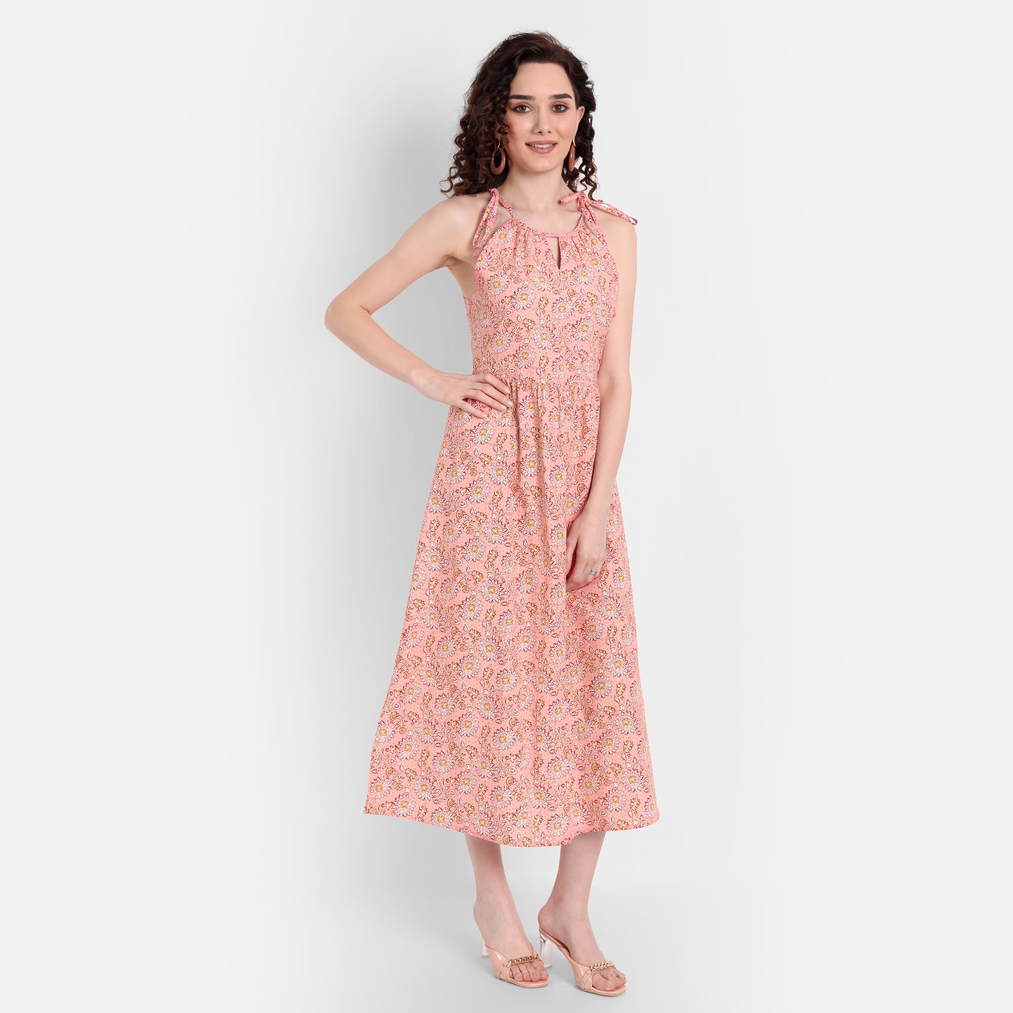 Pink Floral A-Line Midi Dress