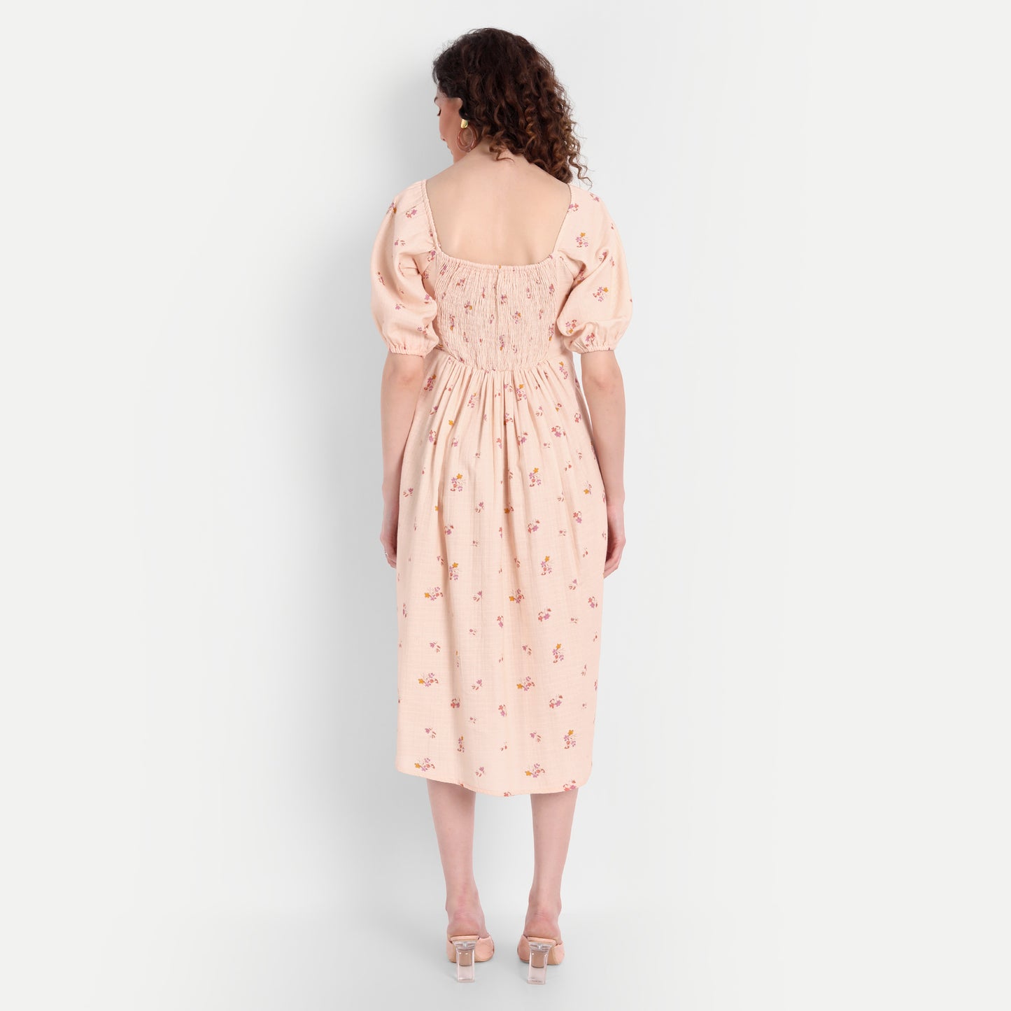 Peach-Coloured Floral Midi Dress