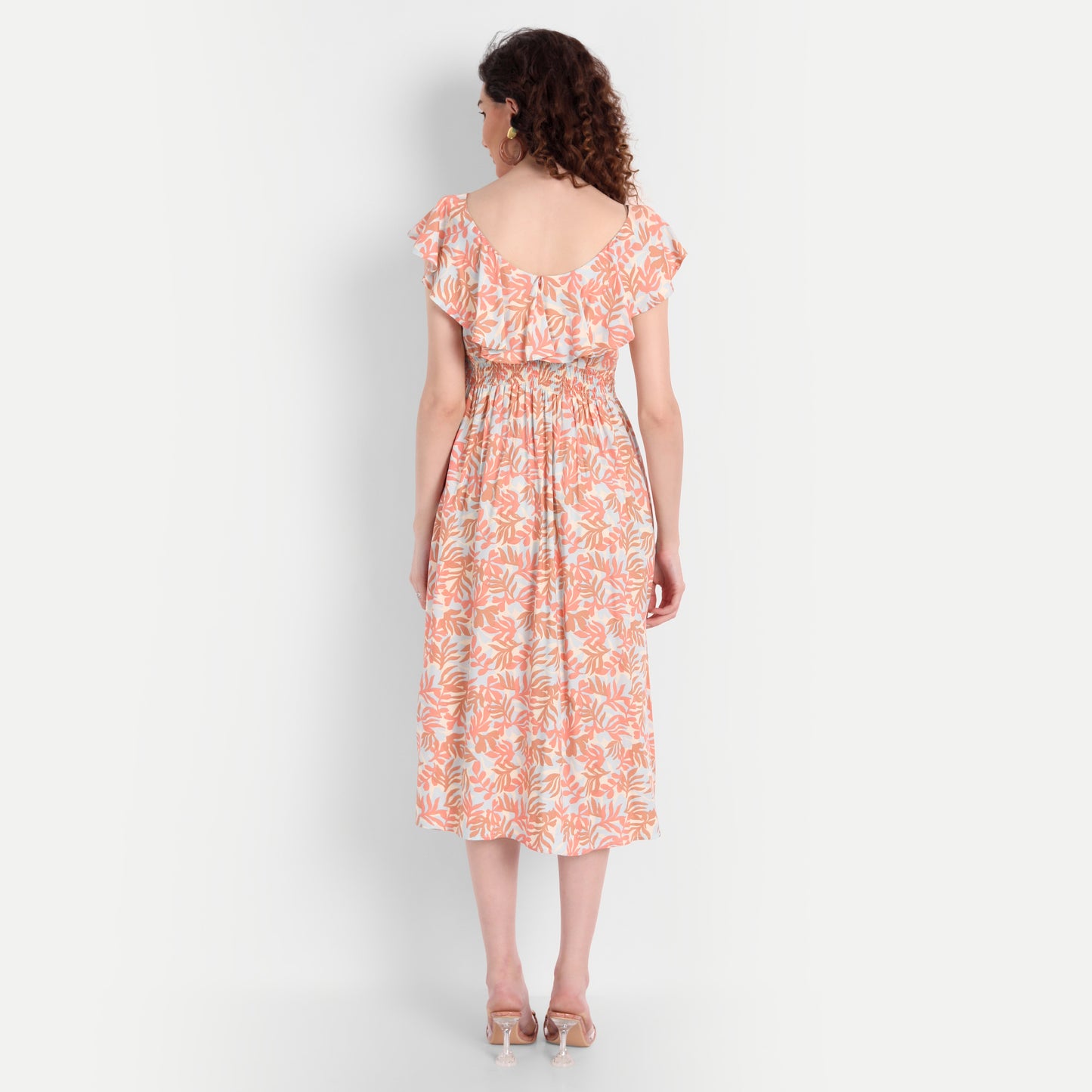 Peach-Coloured Floral Midi Dress
