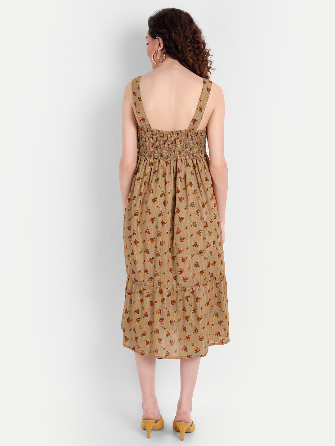 Brown Floral A-Line Midi Dress