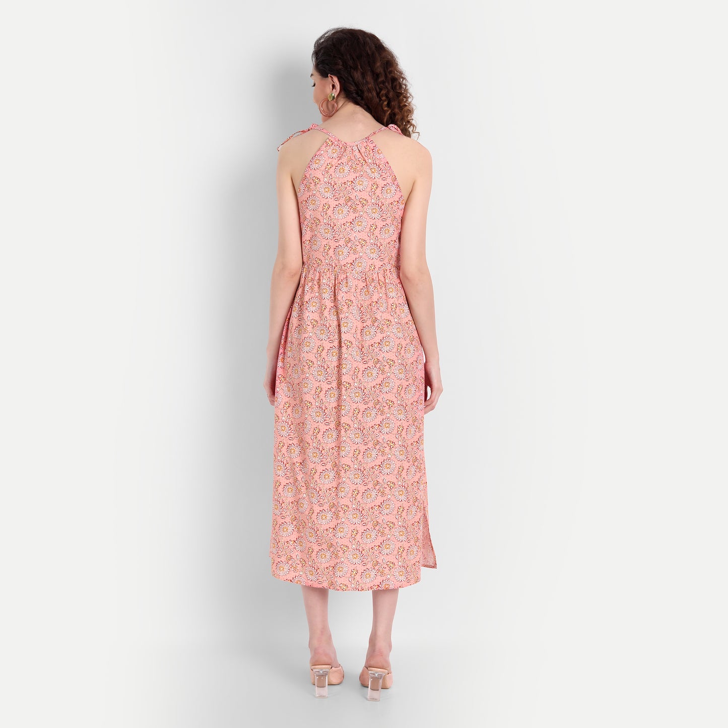 Pink Floral A-Line Midi Dress