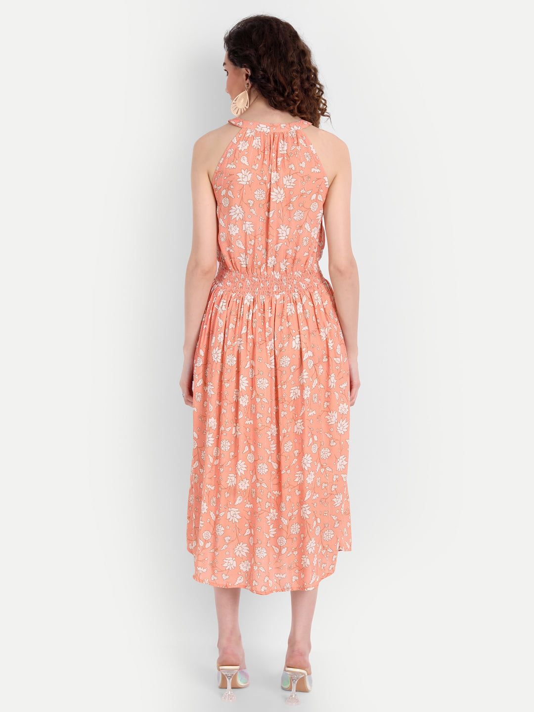 Peach-Coloured Floral Midi Dress