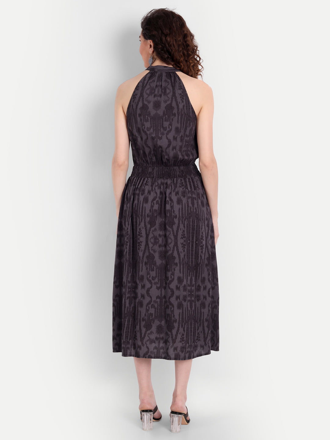 Grey Floral Tie-Up Neck Midi Dress