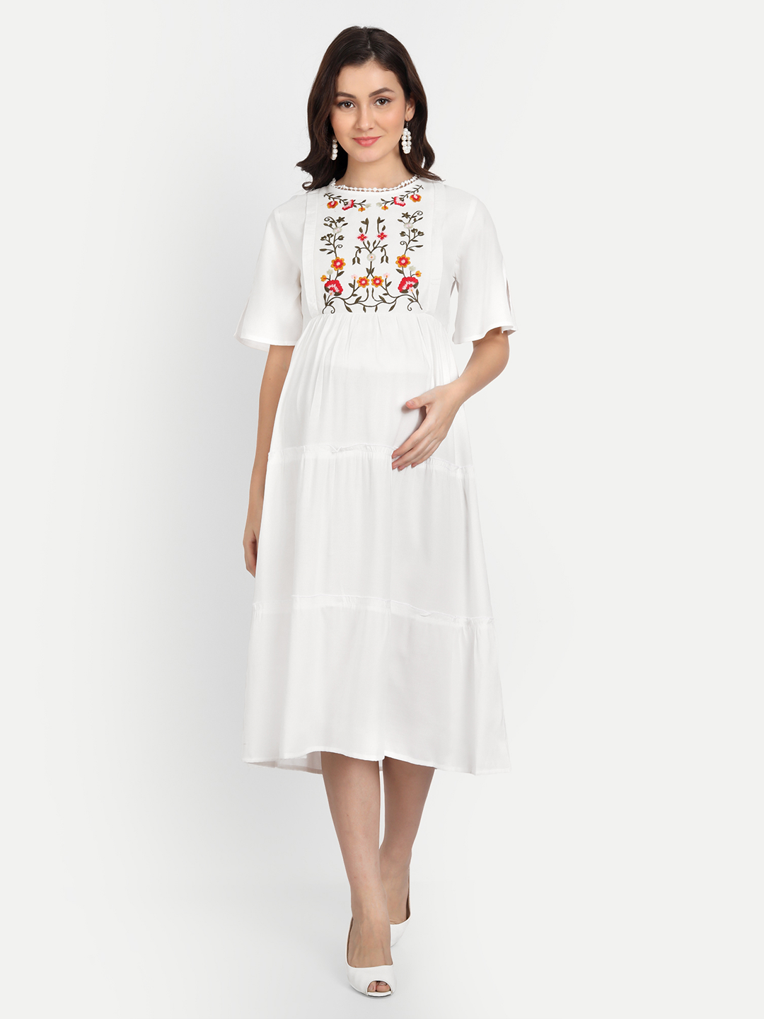 White Floral Maternity Midi Dress