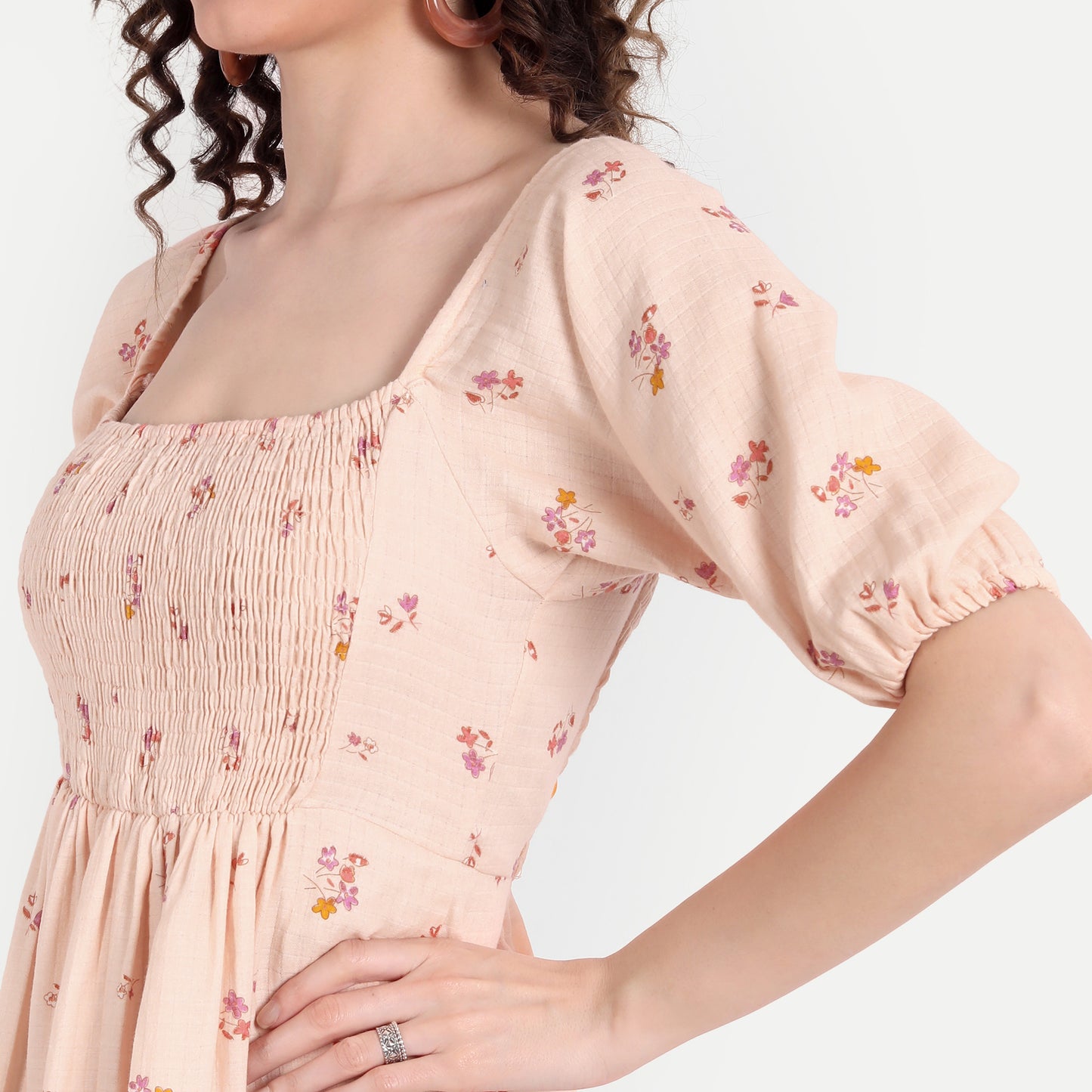 Peach-Coloured Floral Midi Dress