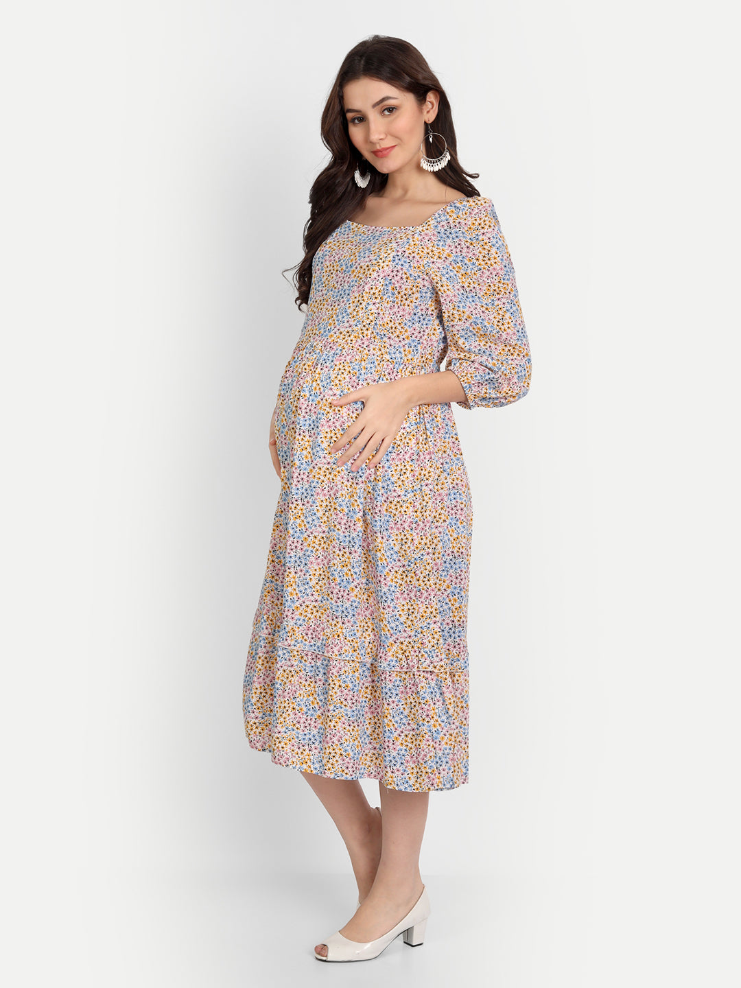 White Floral Maternity Midi Dress