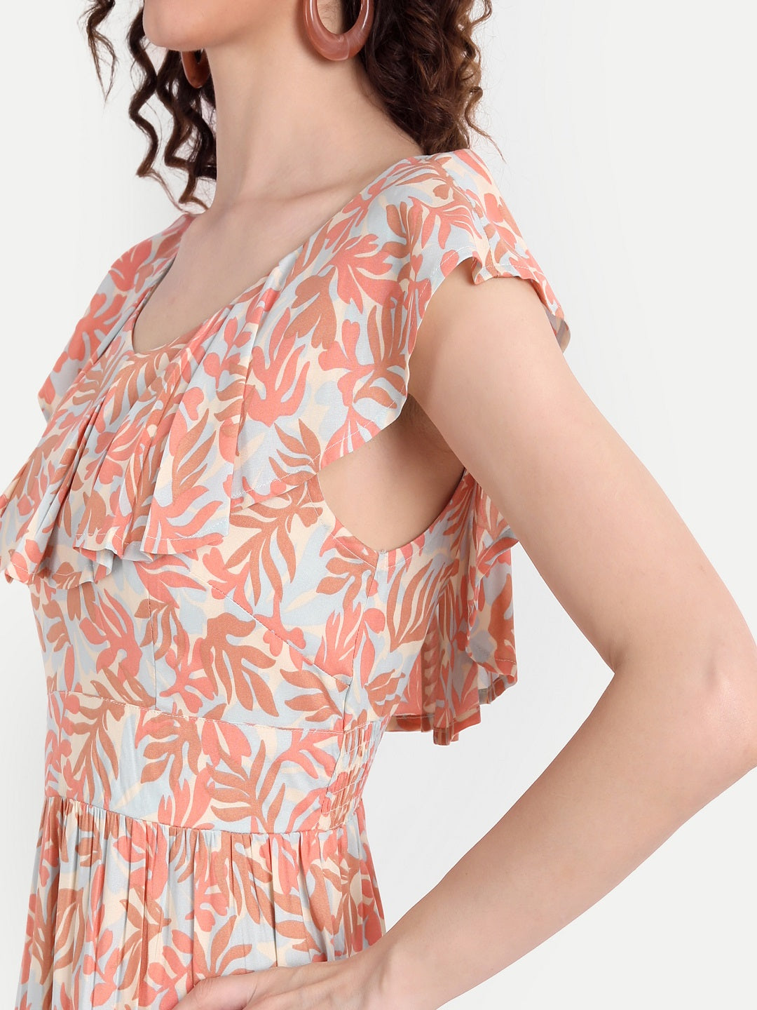 Peach-Coloured Floral Midi Dress