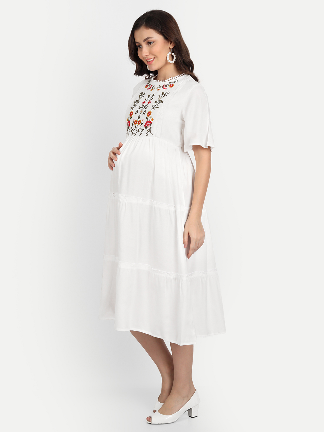 White Floral Maternity Midi Dress