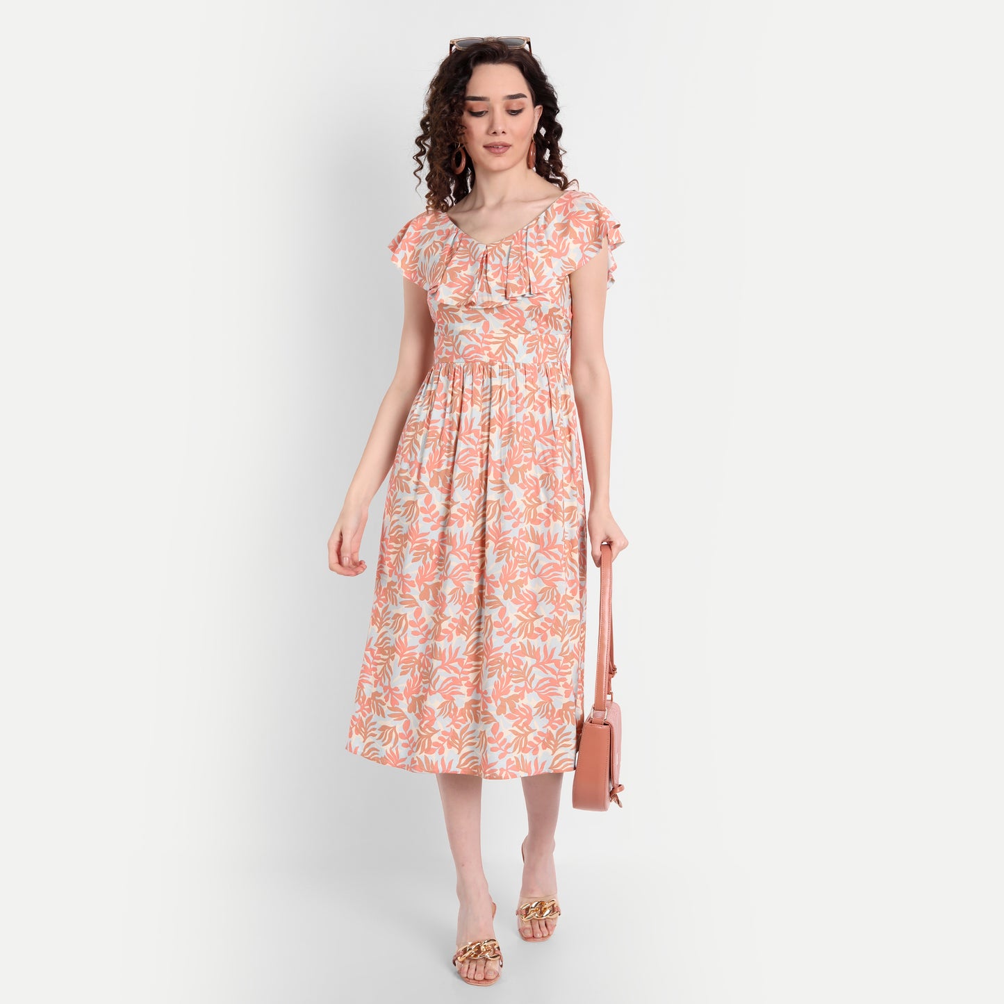 Peach-Coloured Floral Midi Dress