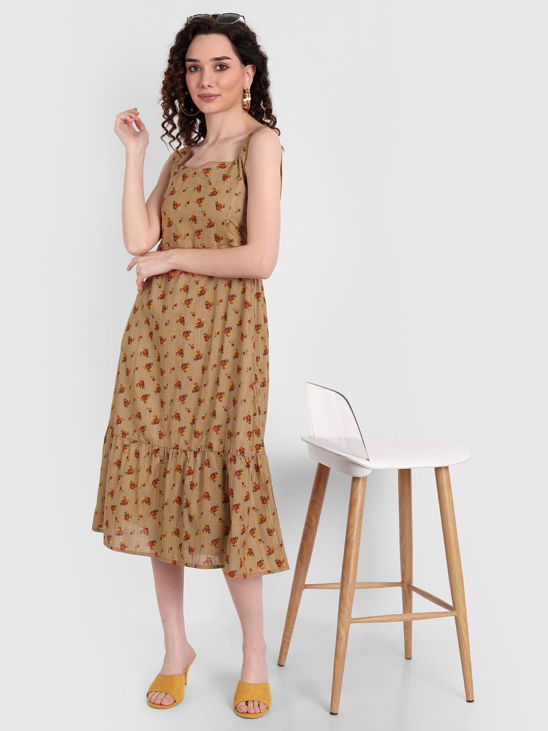 Brown Floral A-Line Midi Dress
