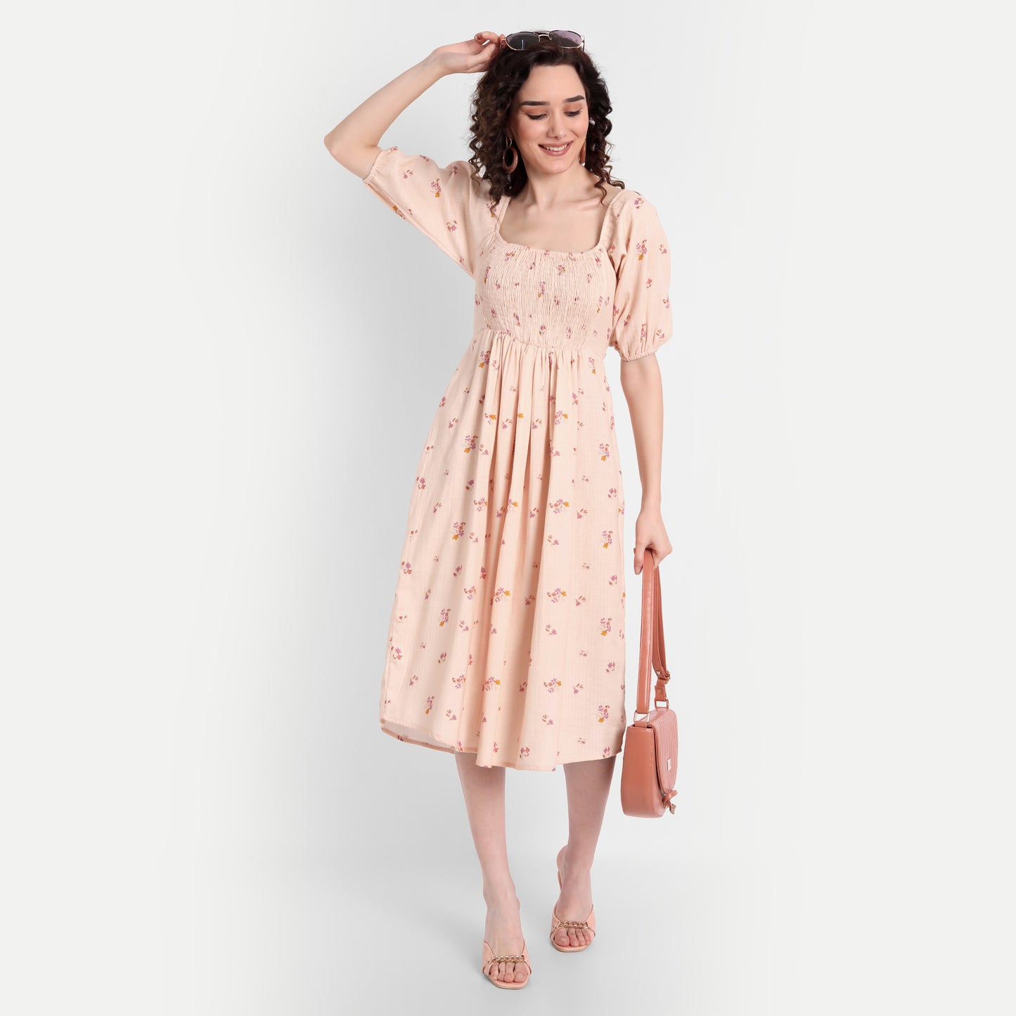 Peach-Coloured Floral Midi Dress
