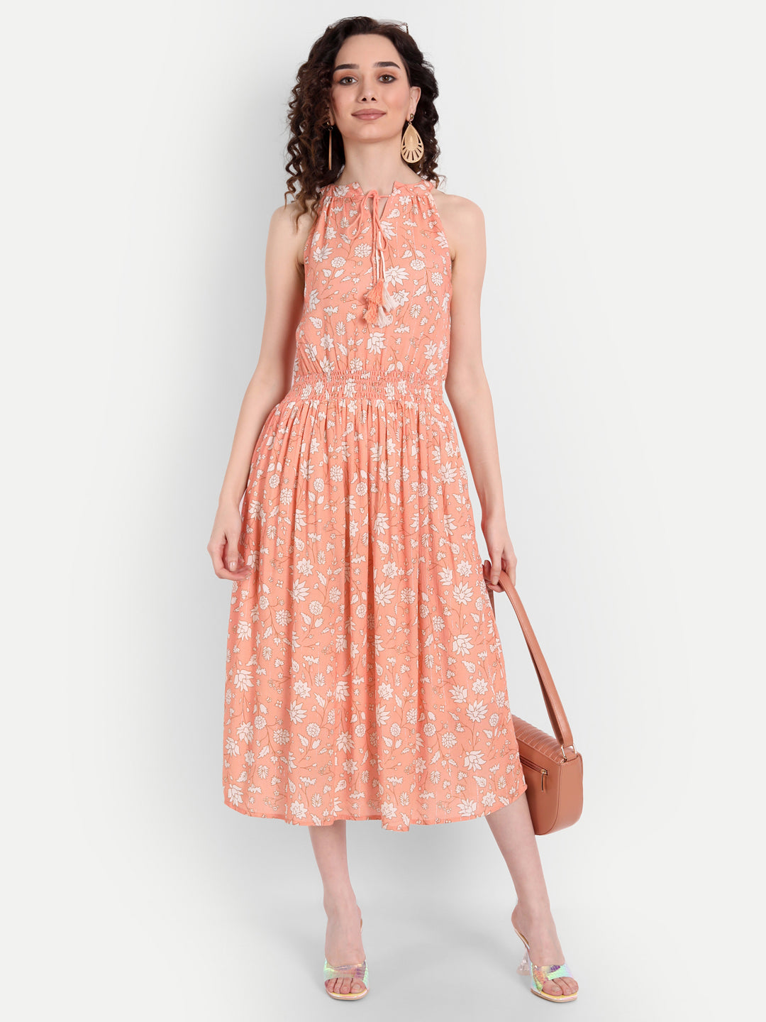 Peach-Coloured Floral Midi Dress