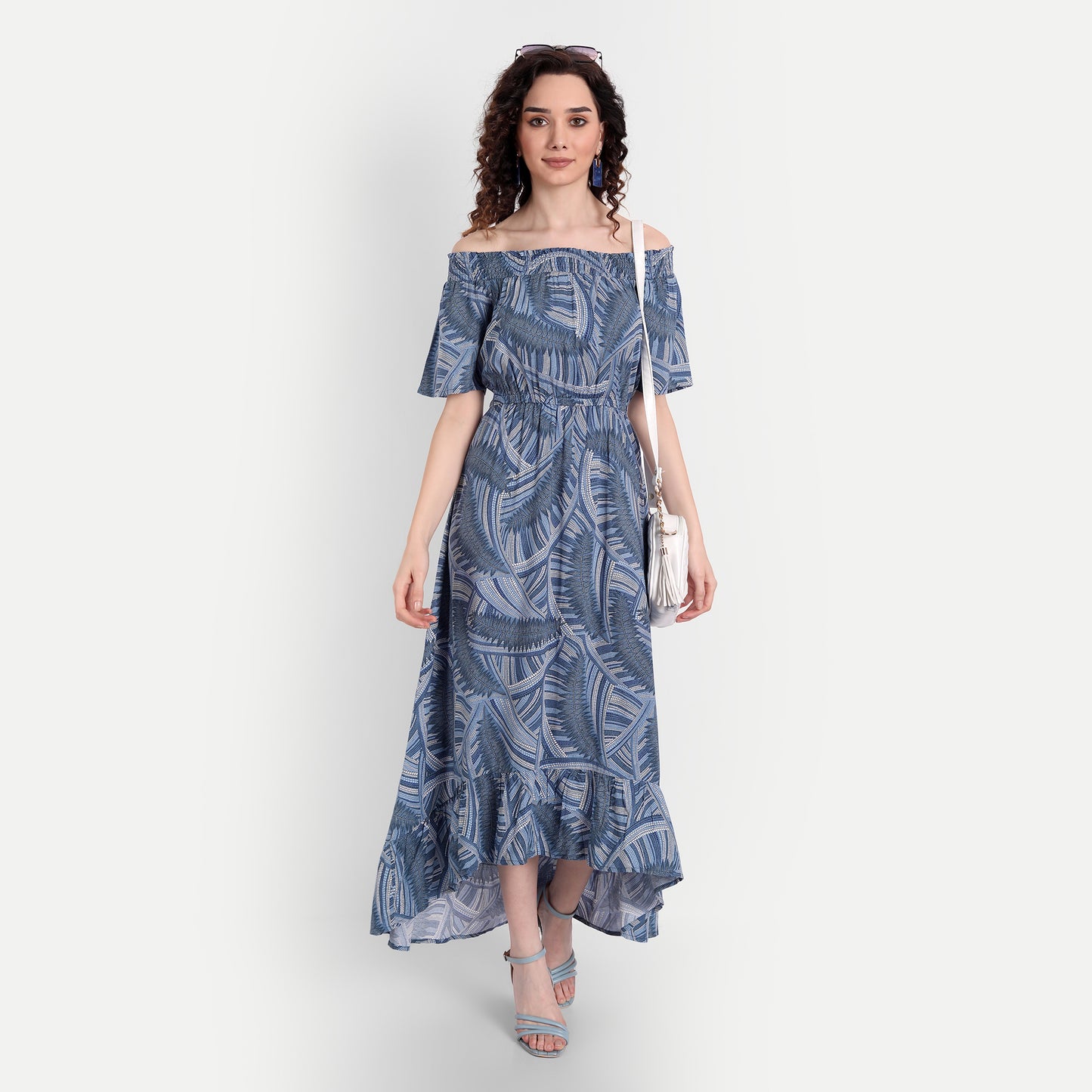 Blue Ethnic Motifs Off-Shoulder Maxi Dress