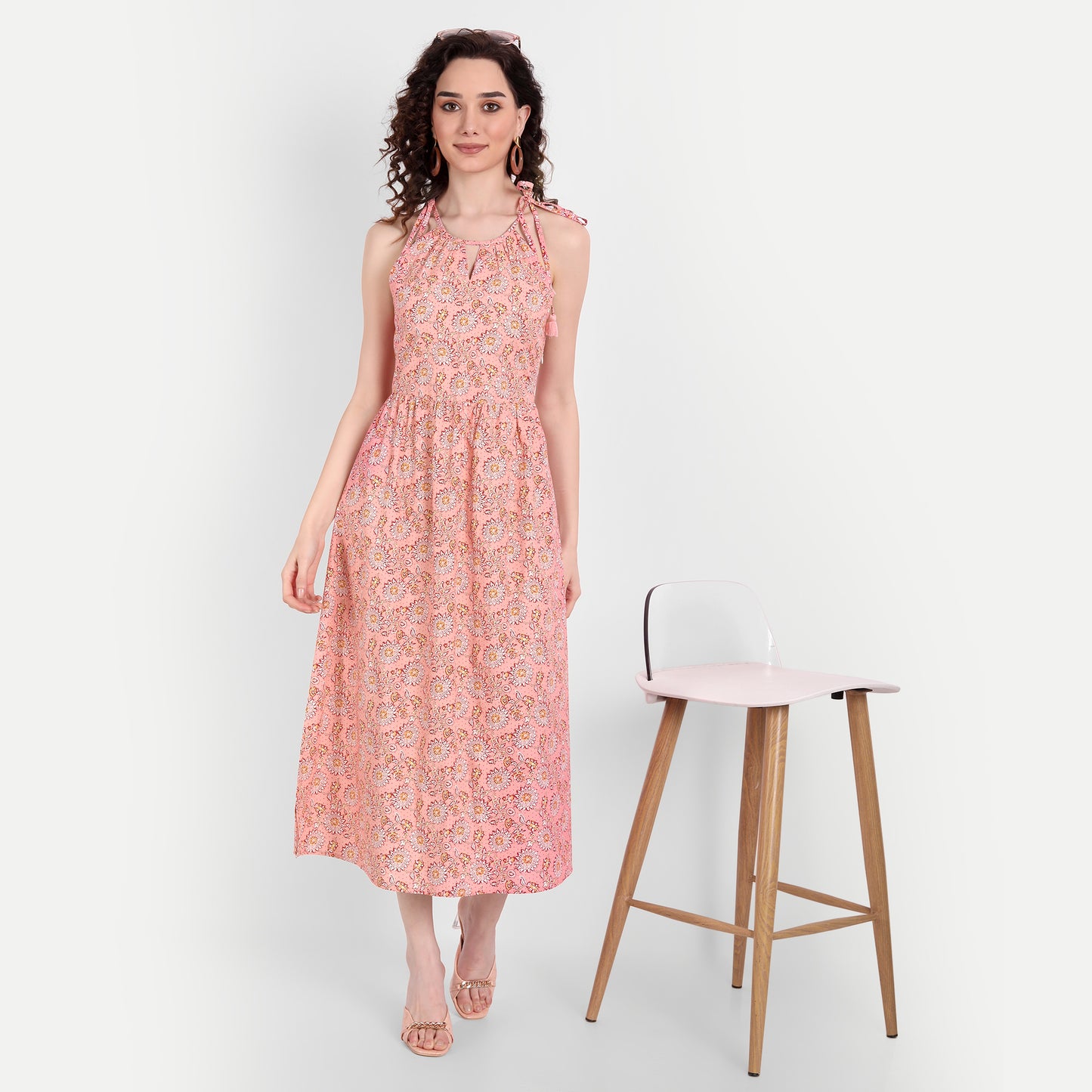 Pink Floral A-Line Midi Dress