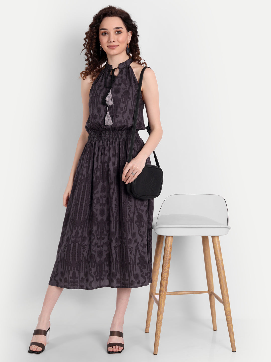 Grey Floral Tie-Up Neck Midi Dress