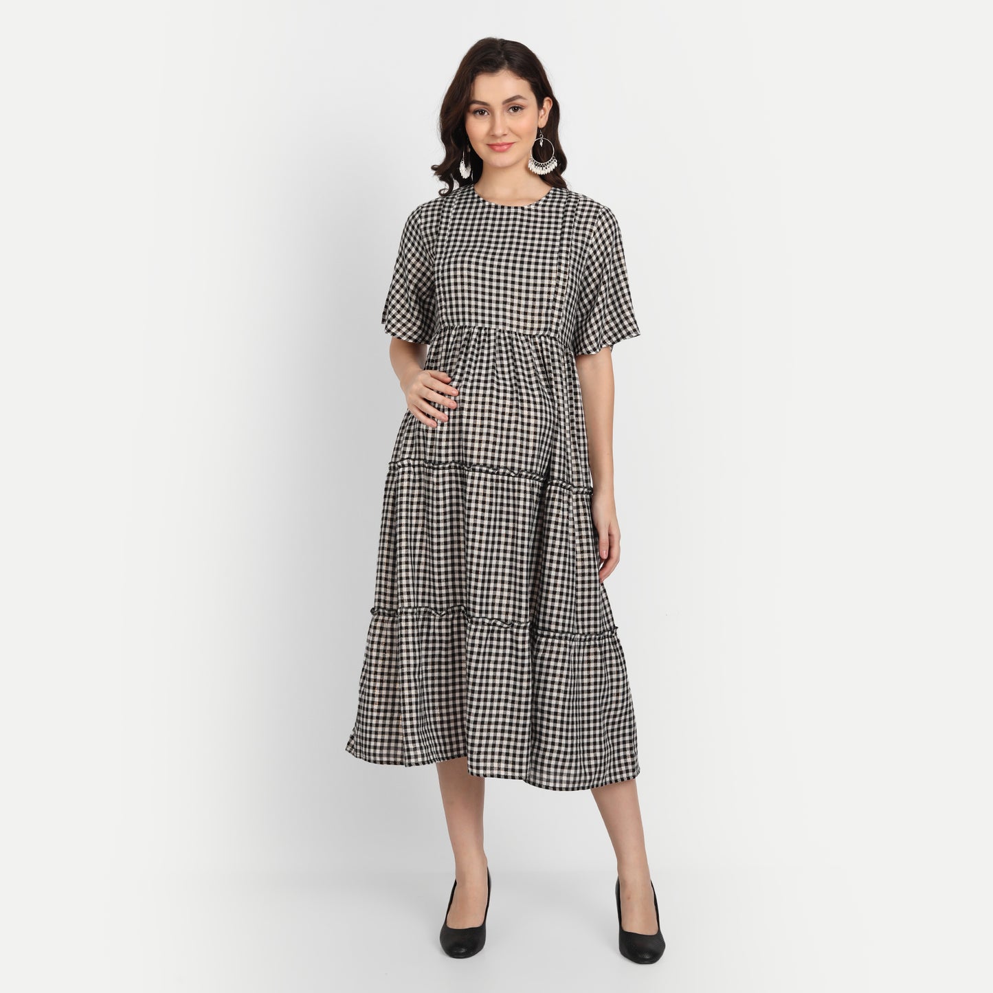 Black Checked A-Line Maternity Midi Dress