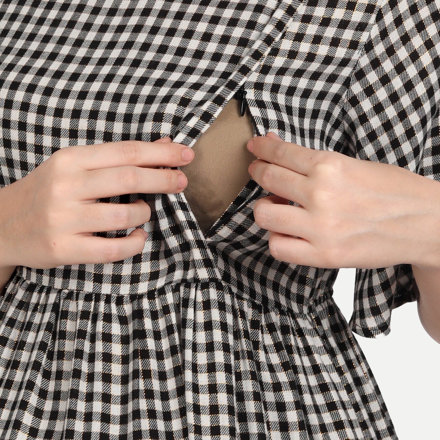 Black Checked A-Line Maternity Midi Dress