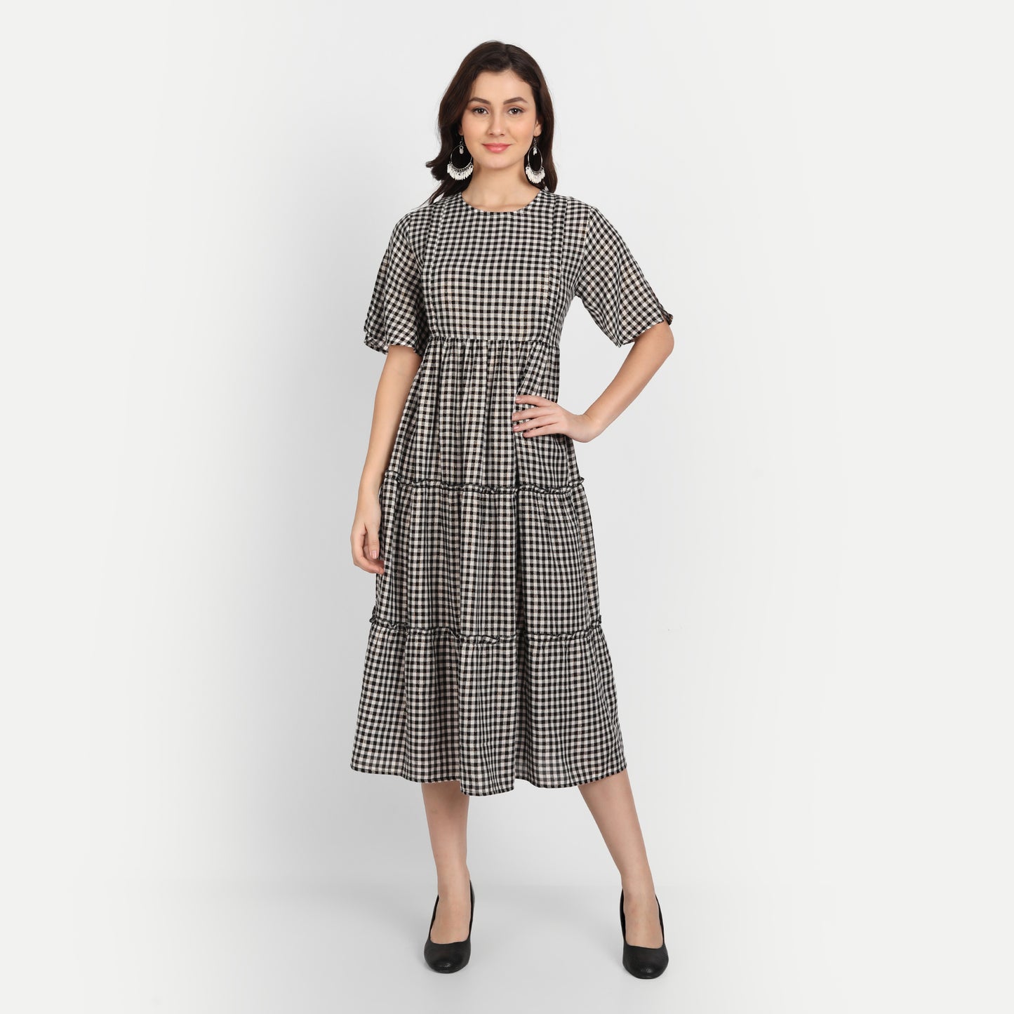 Black Checked A-Line Maternity Midi Dress