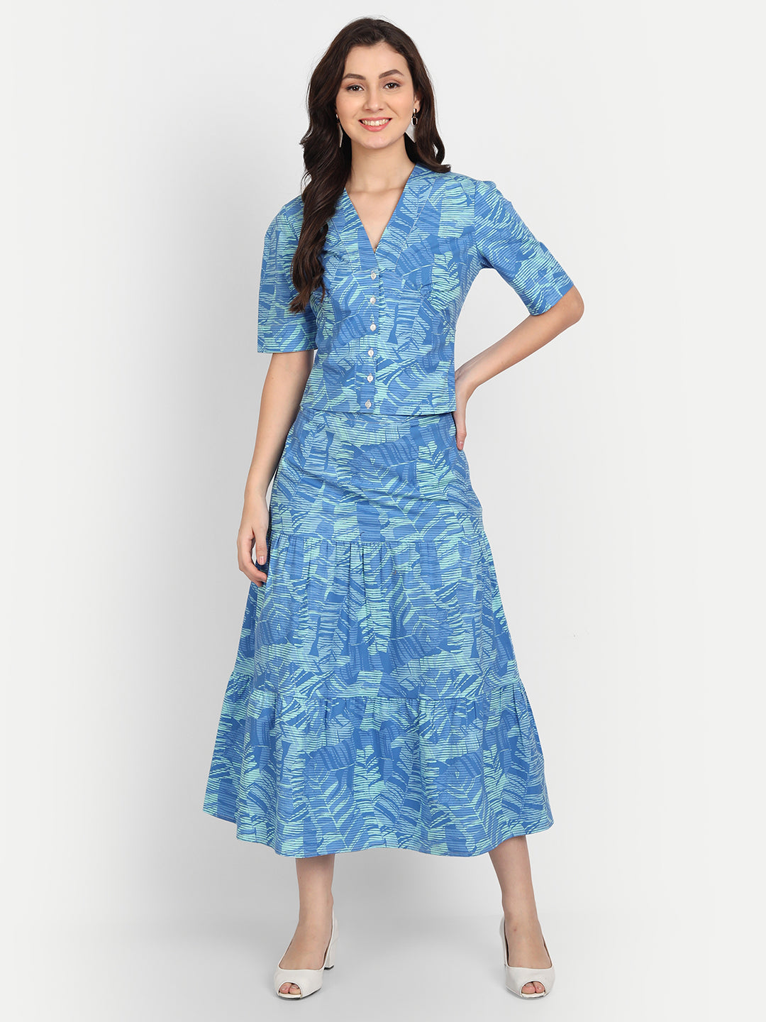 Women Printed Short Sleeves Top and Skirt Co-Ords