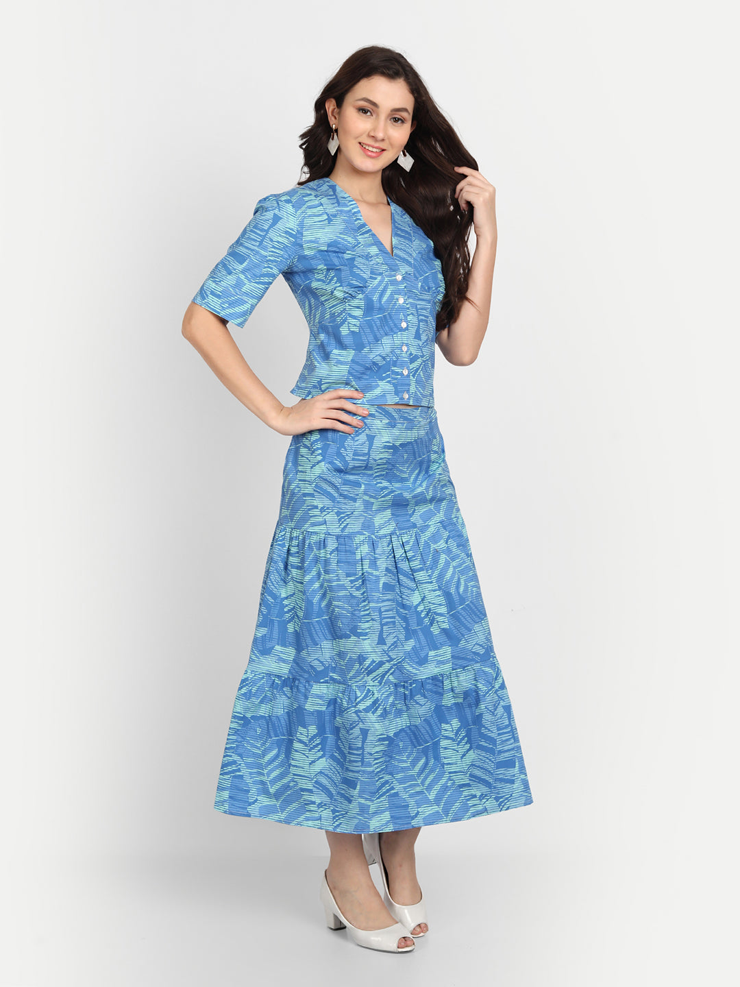 Women Printed Short Sleeves Top and Skirt Co-Ords
