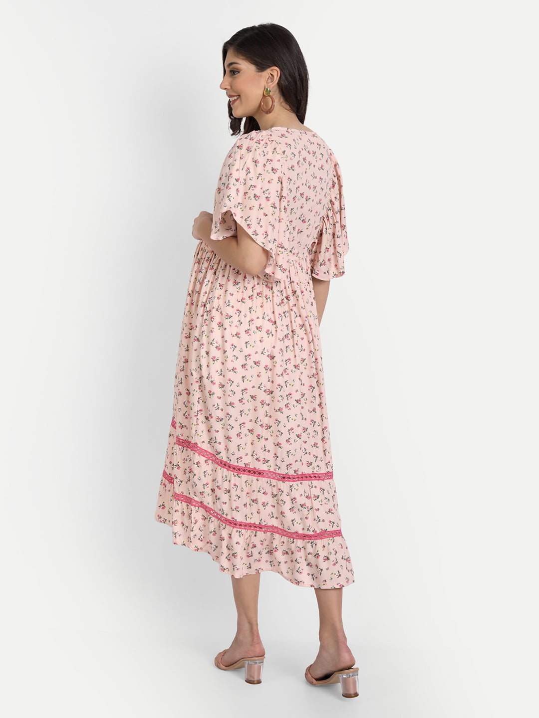 Pink Floral Printed Maternity Midi Dress