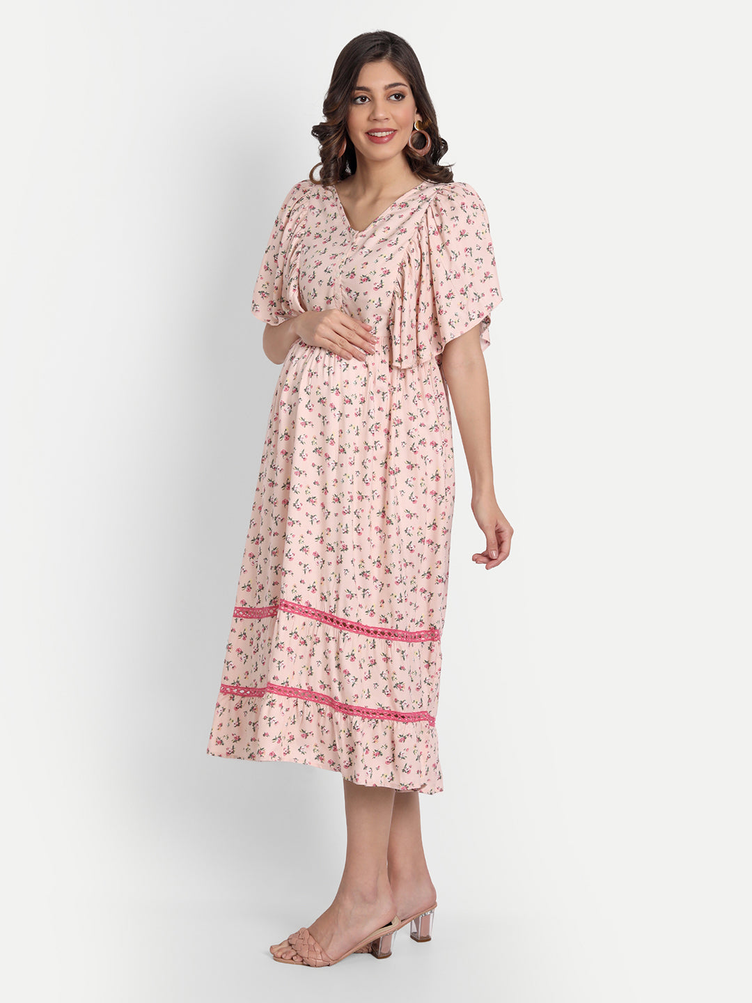 Pink Floral Printed Maternity Midi Dress